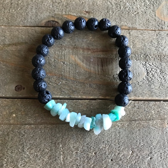 handmade Jewelry - Handmade Amazonite Chip Lava Stretch Bracelet